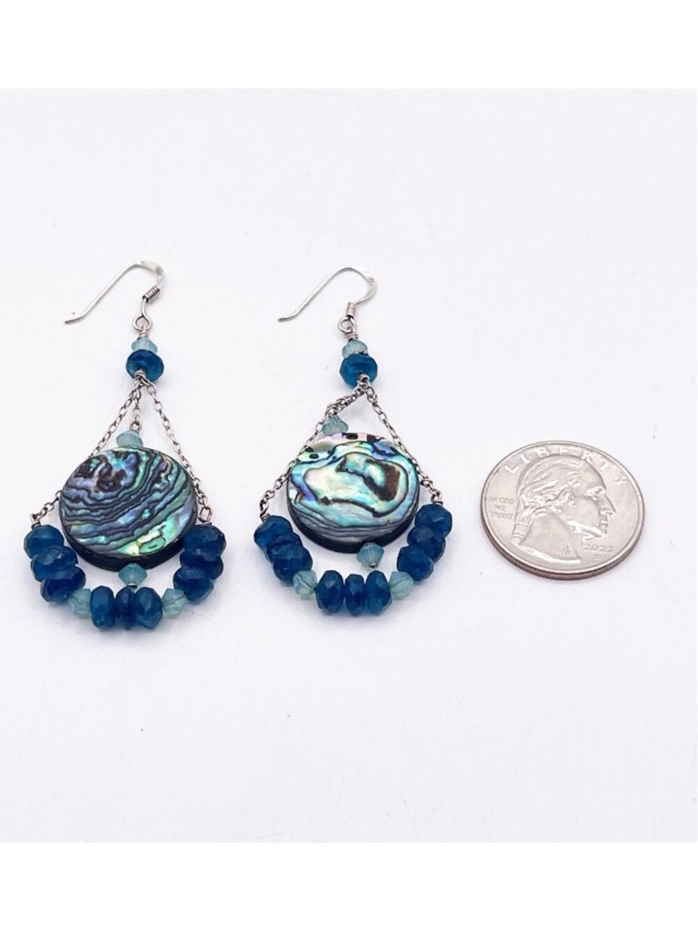 Vintage Abalone Blue Glass Beaded Boho Earrings Dangle 925 Sterling Silver Hooks - Picture 3 of 7